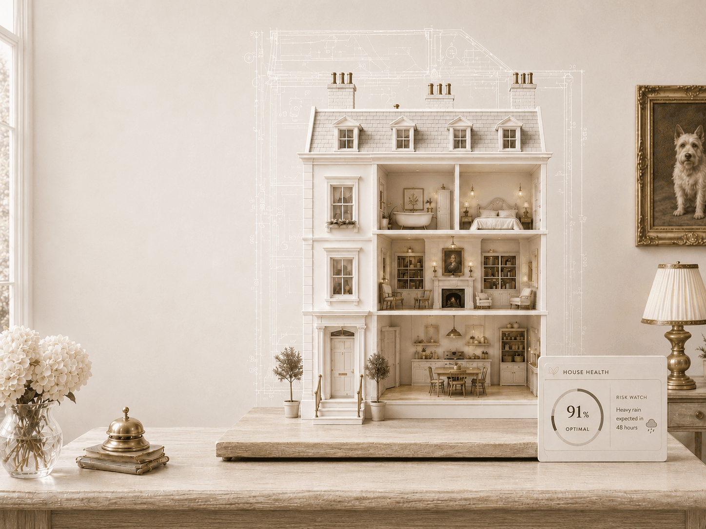 A cream cutaway Georgian dollhouse on a table, a fine blueprint traced on the wall behind, with a HoWA status card beside it.