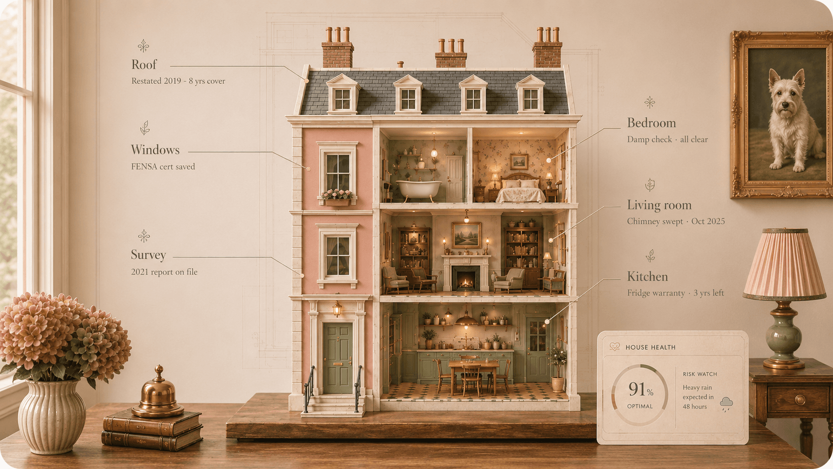 A warmly lit pink cutaway Georgian dollhouse on a table, annotated with what HoWA has saved: roof cover, window certificate, survey, damp check, chimney service and a fridge warranty.