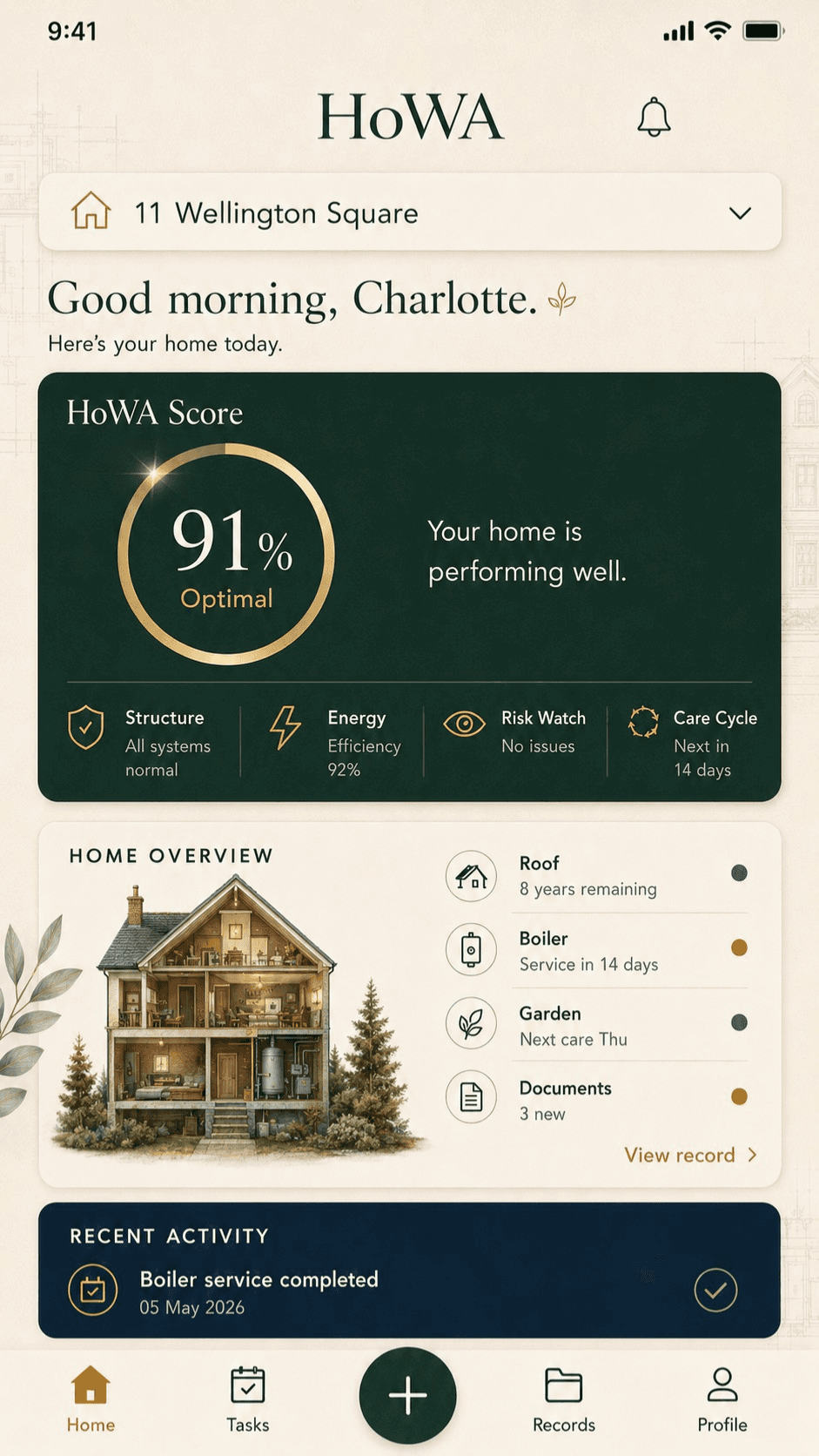 HoWA app screen: Home Overview