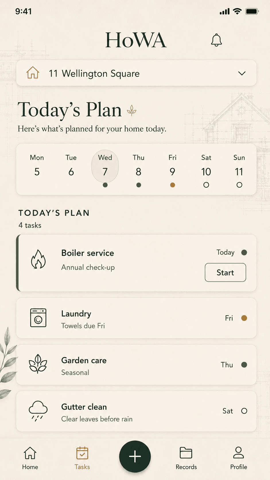 HoWA app screen: Today's Plan
