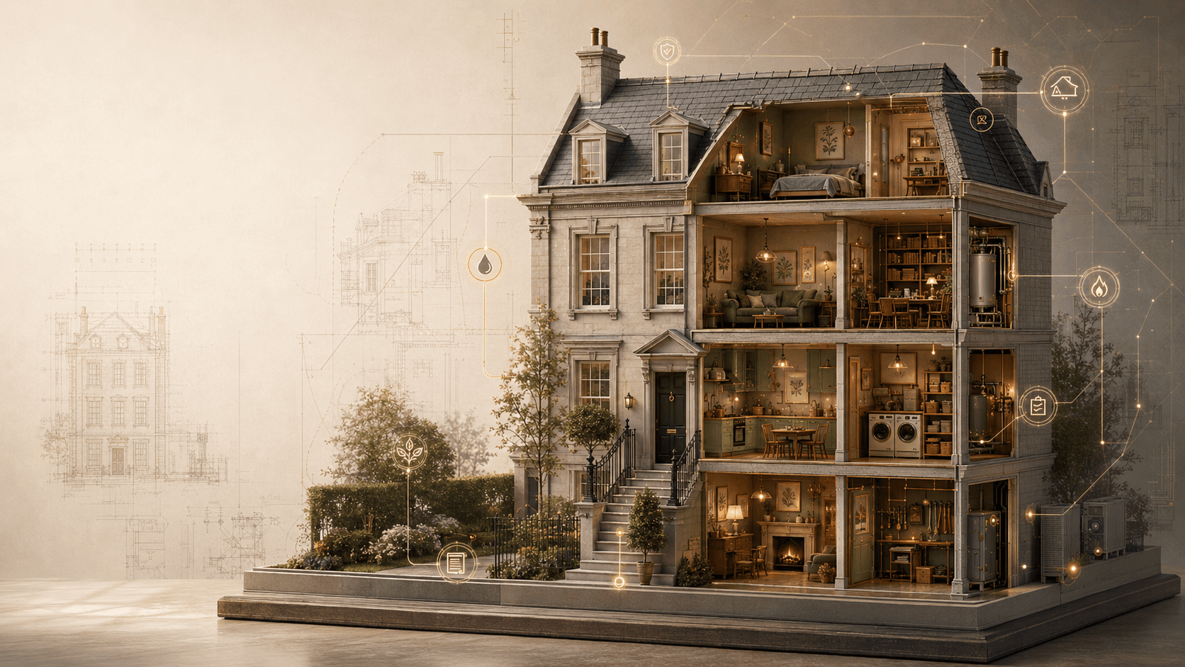 A cutaway house on a warm blueprint ground, gold nodes on its systems, water, heat, garden, roof, documents and devices, each connecting out to a partner and writing back to the home record.
