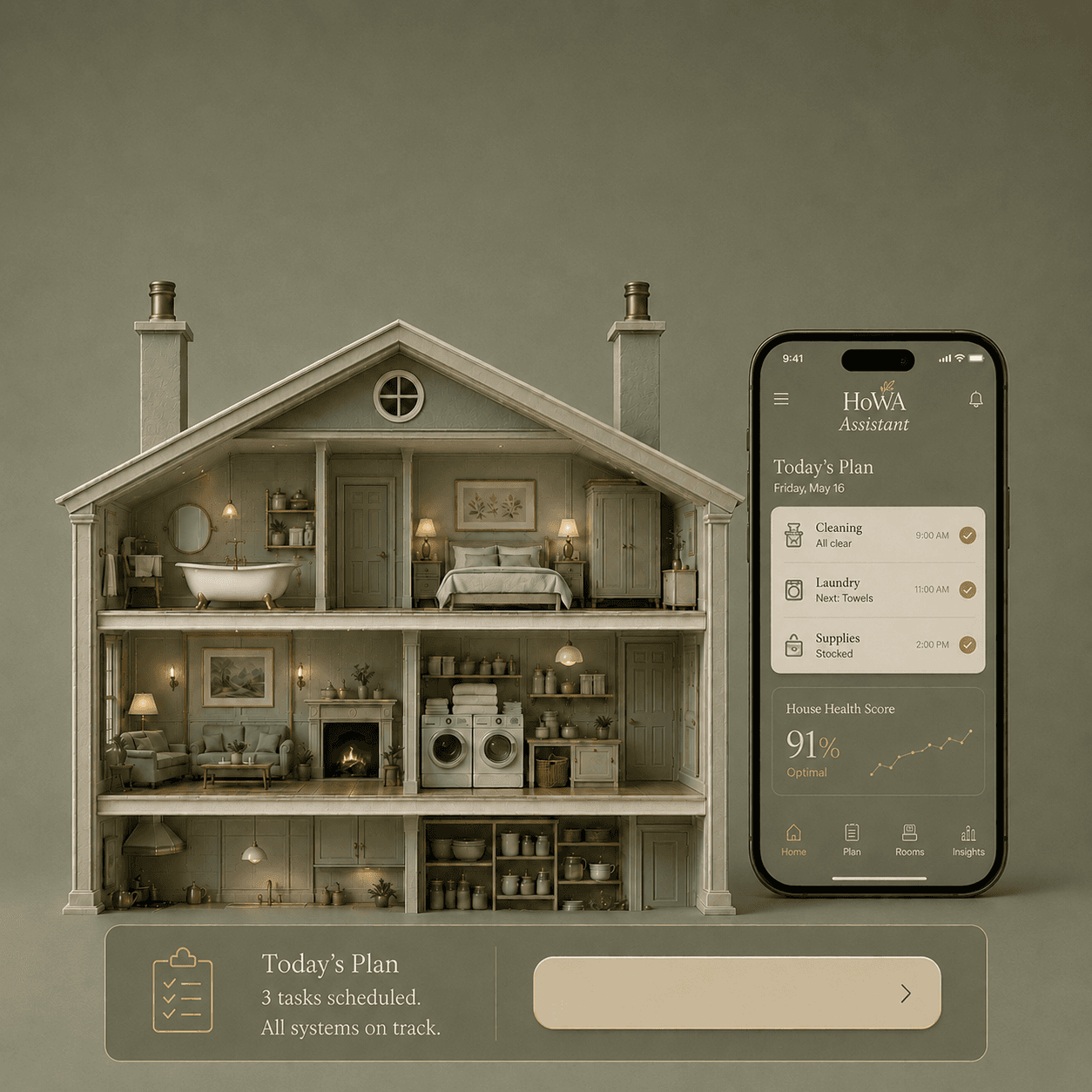 HoWA Assistant: the cutaway dollhouse and the app.