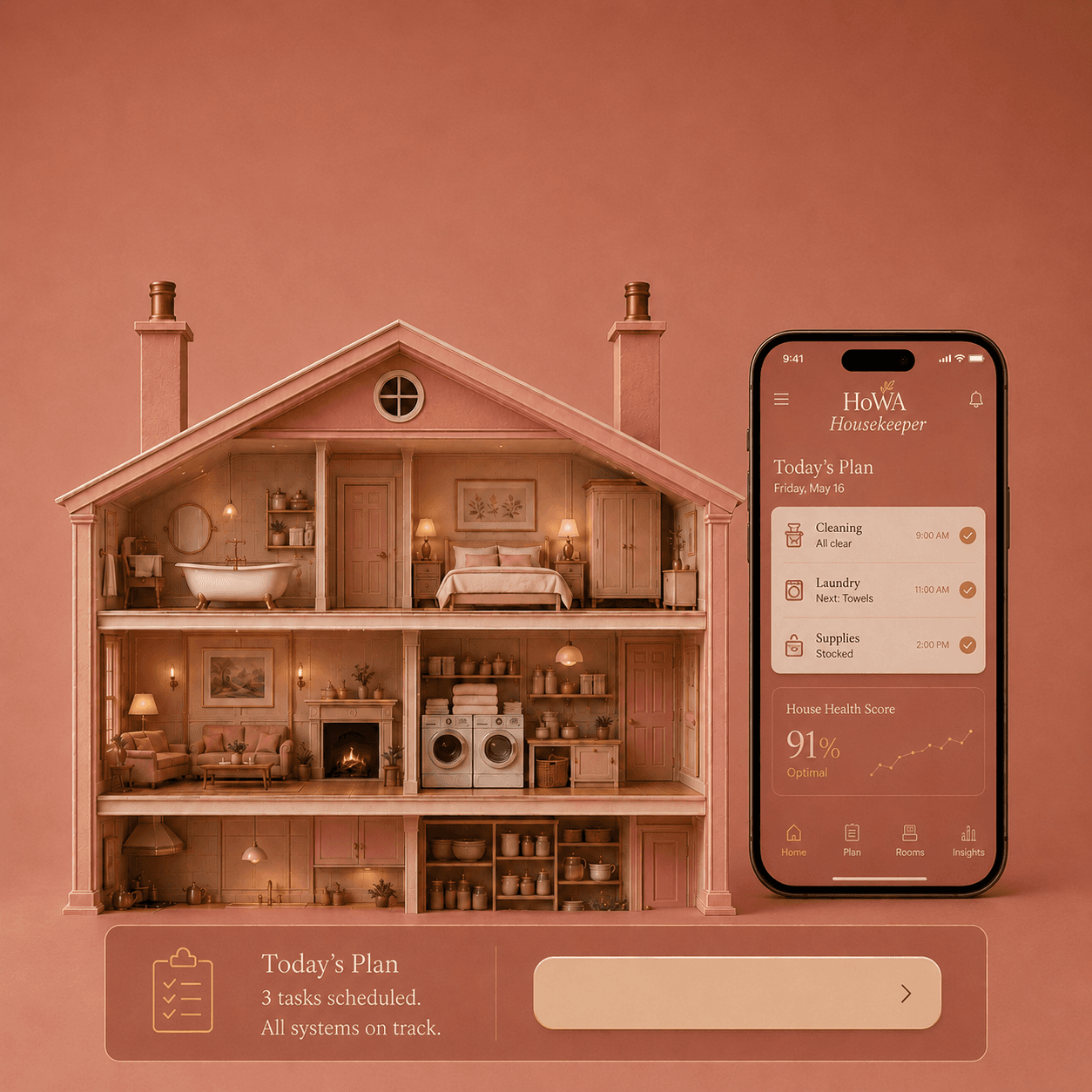 HoWA Housekeeper: the cutaway dollhouse and the app.