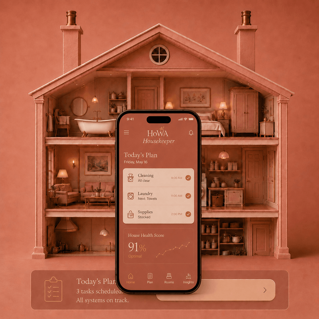 HoWA Housekeeper, the cutaway dollhouse with the Housekeeper app.