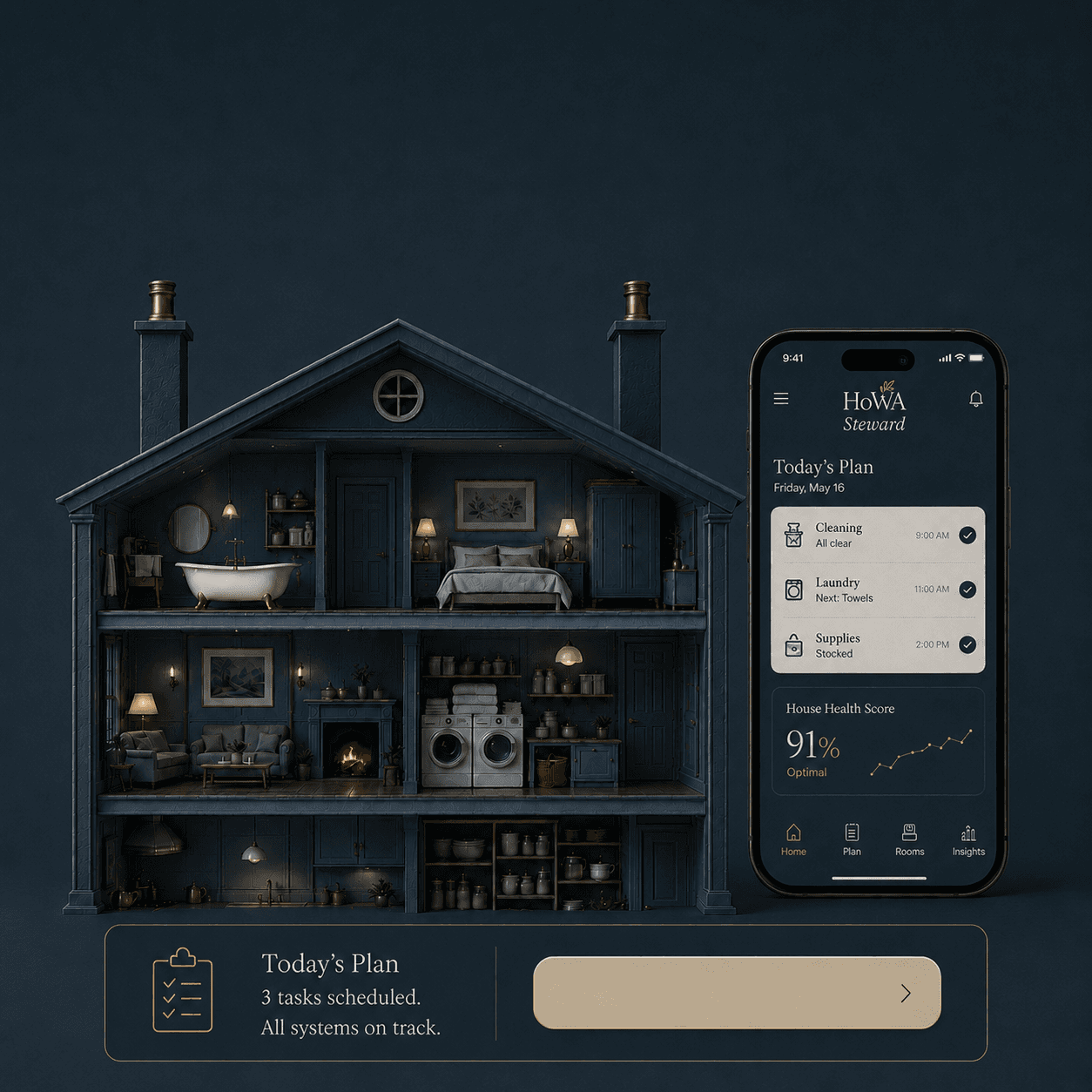 HoWA Steward: the cutaway dollhouse and the app.