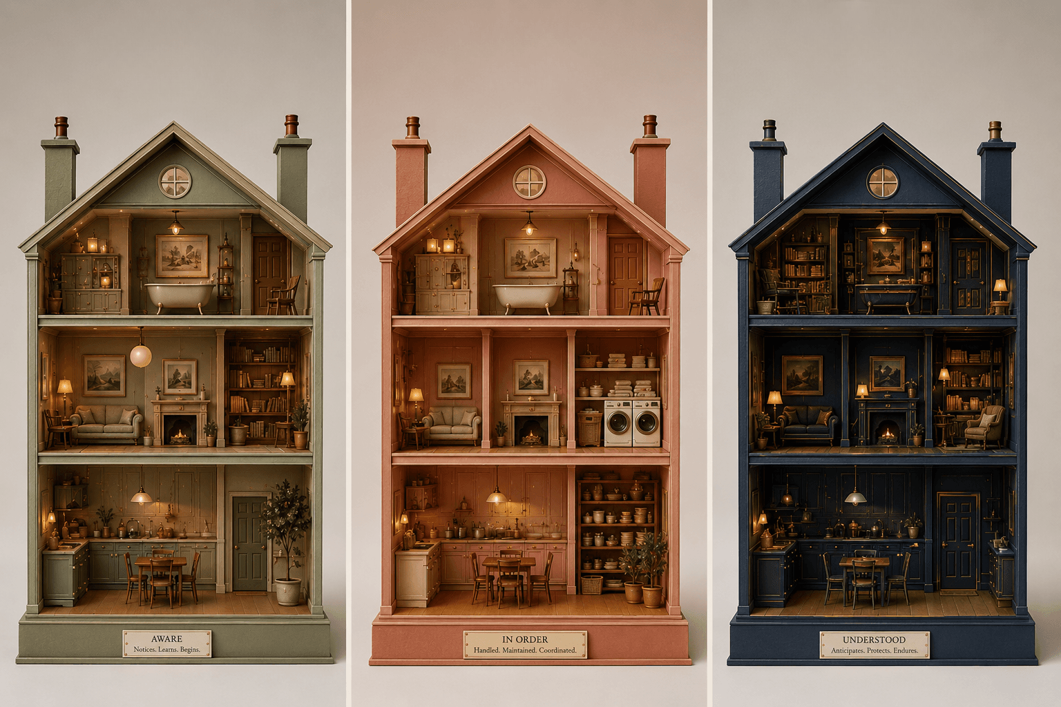 Three cutaway Georgian dollhouses in the tier colourways, olive Assistant, terracotta Housekeeper and midnight Steward, one record at three depths.