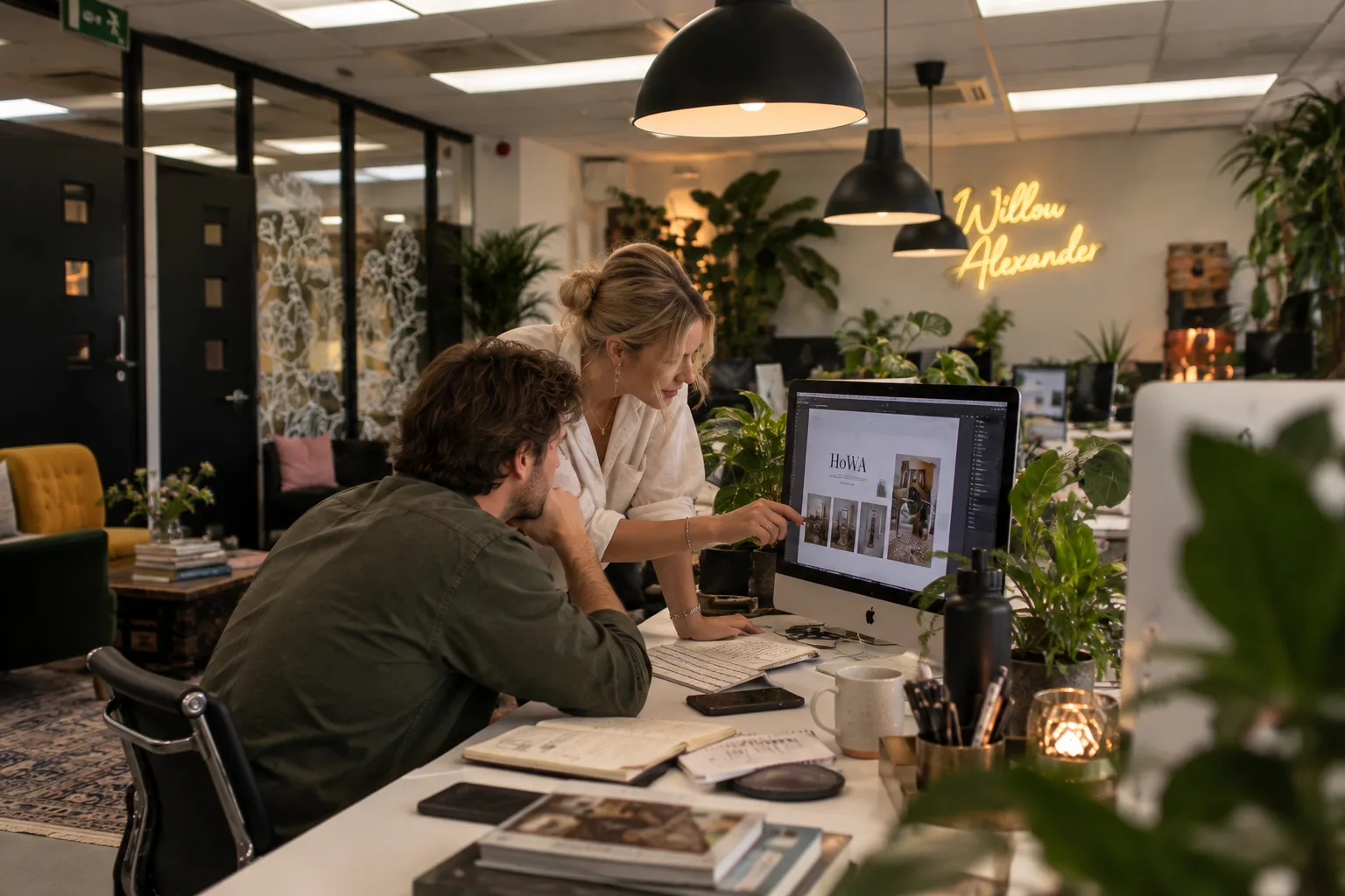 Two of the team reviewing HoWA designs on a studio screen.