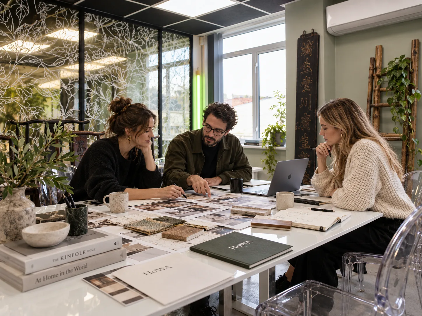 Three of the team around a studio table covered in material samples, sketches and HoWA notebooks.