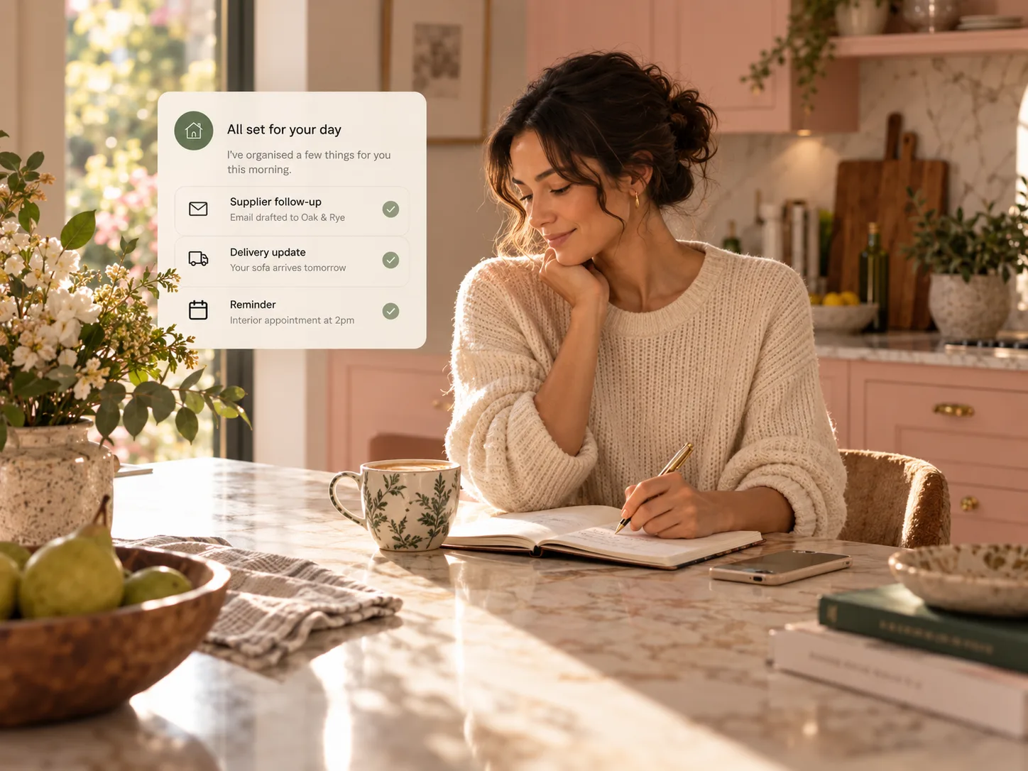 A woman at a kitchen counter with her notebook, a quiet summary of the day's arrangements beside her.