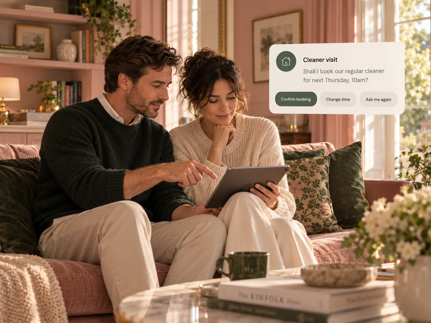A couple on the sofa confirming a regular cleaner visit on a tablet, with options to change it or skip it.