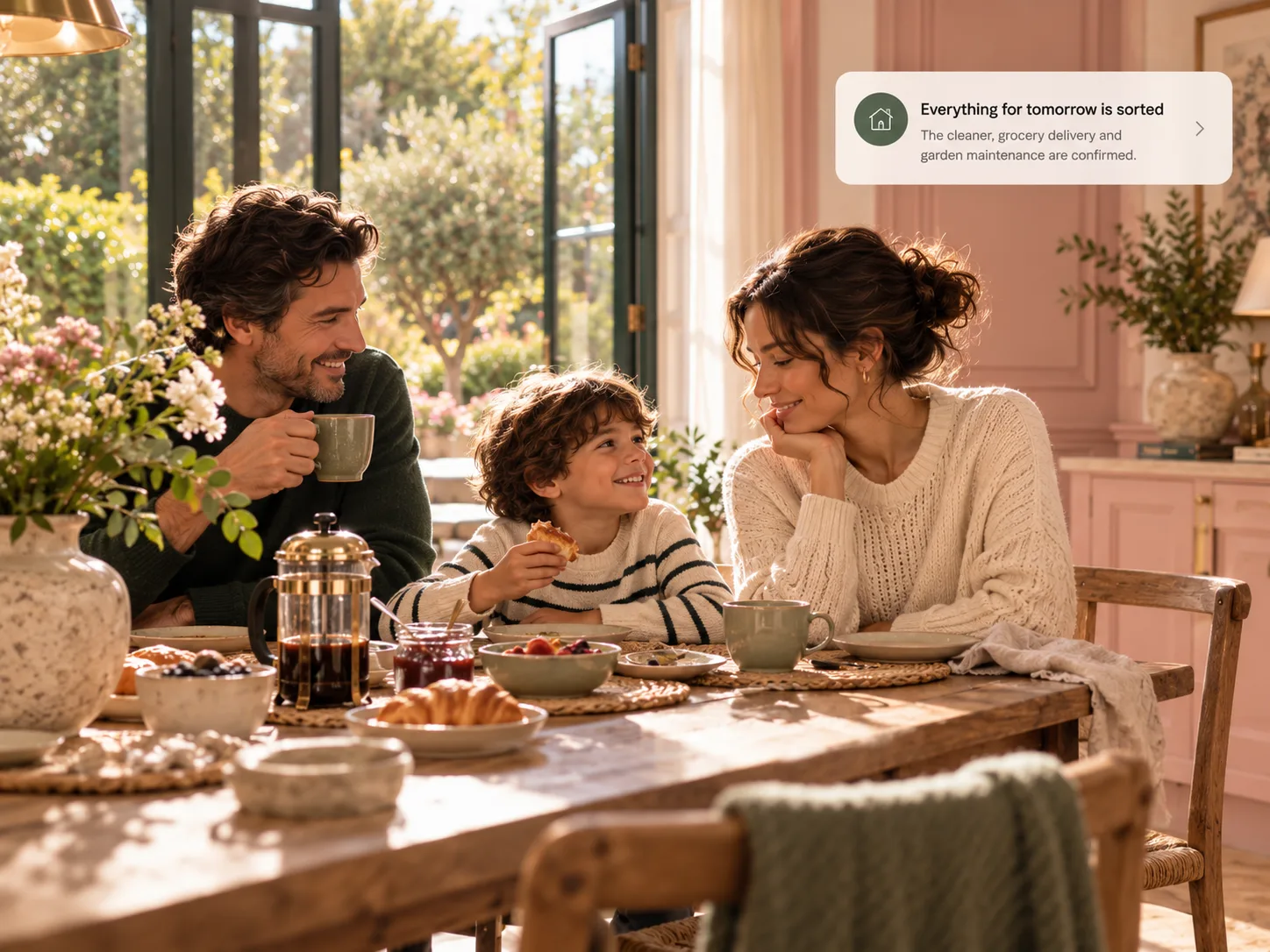 A family enjoying breakfast together at the kitchen table, everything for tomorrow already sorted.