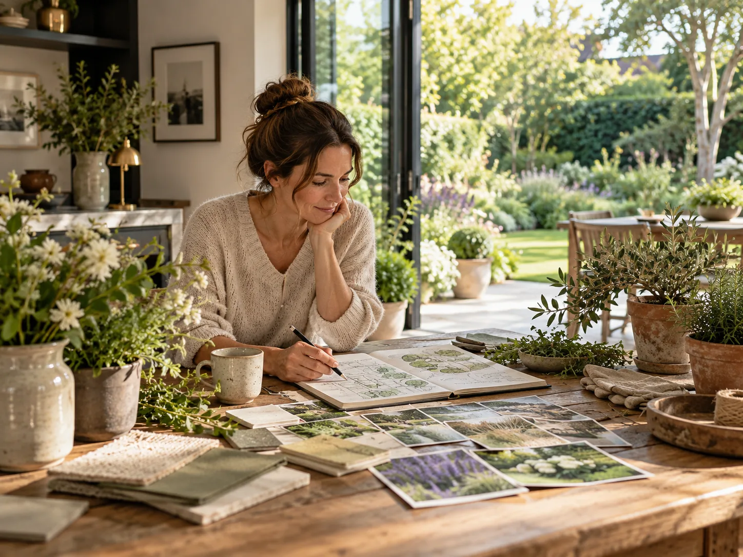 Garden planting plans and sketches spread across a table beside a vase of foliage, with the garden visible through the doors.
