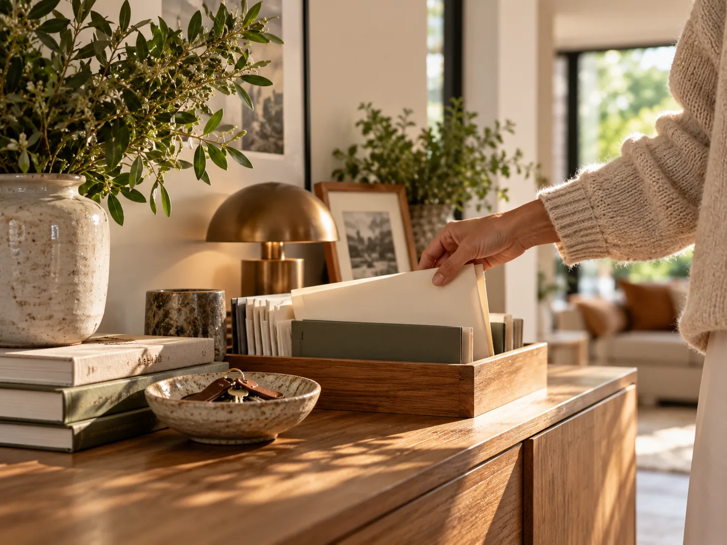 A hand filing papers into a wooden document box on a sideboard in a calm living room.