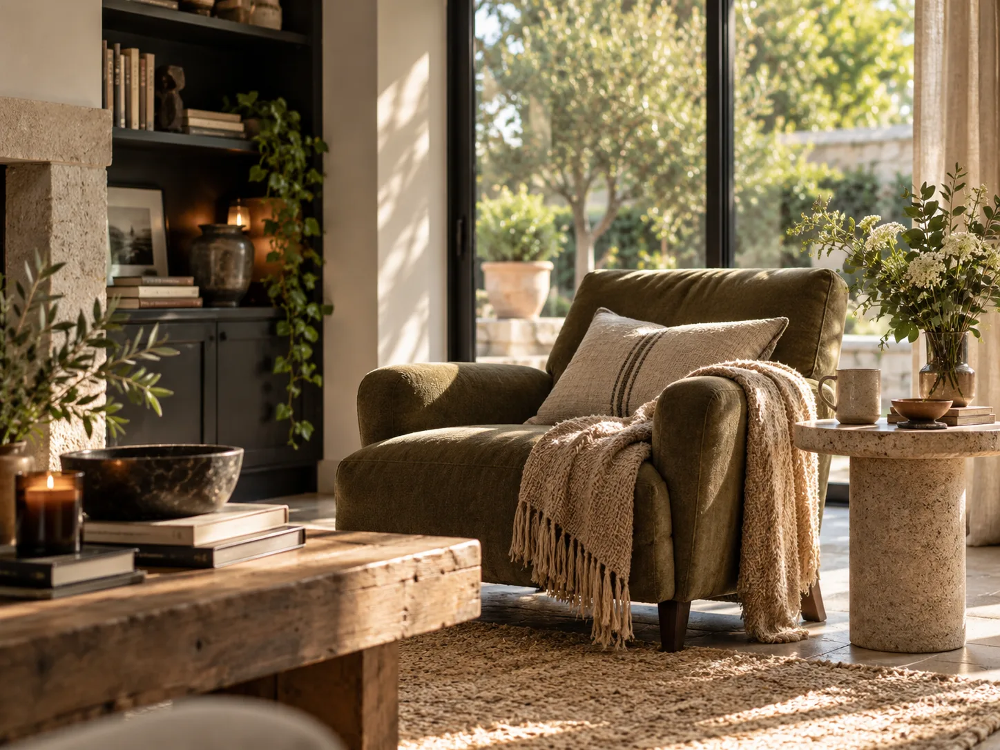 A deep green armchair with a soft throw beside a stone side table, books and plants in warm afternoon light.