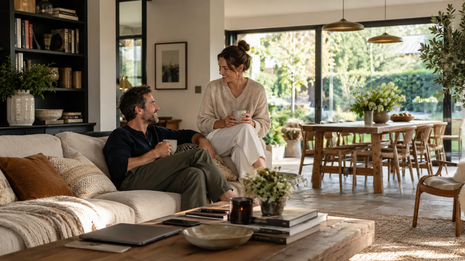 A couple relaxing together on a sofa in a light-filled living room that opens onto the garden.
