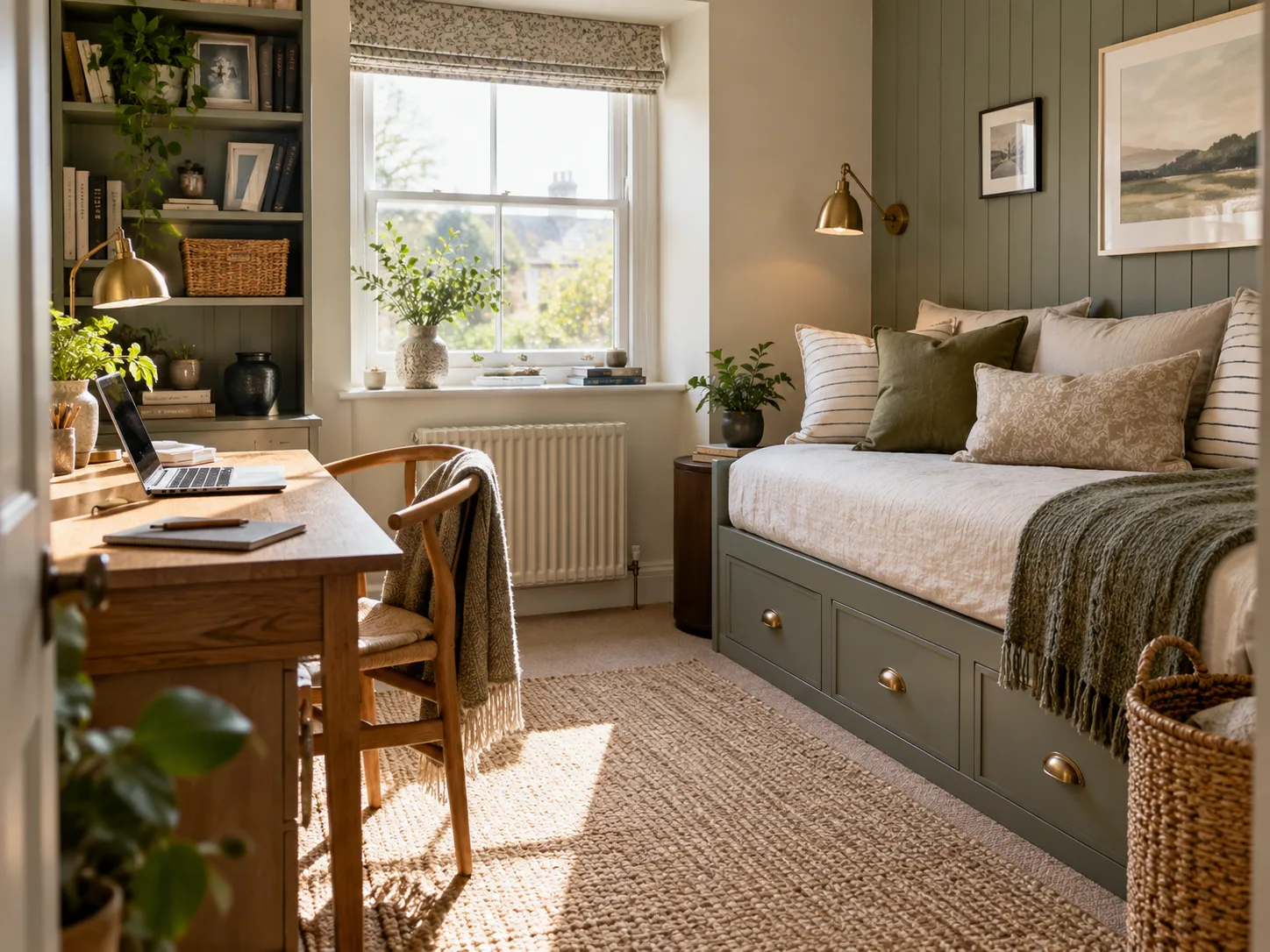 A spare room set up as a study with a daybed, desk and soft light from the window.