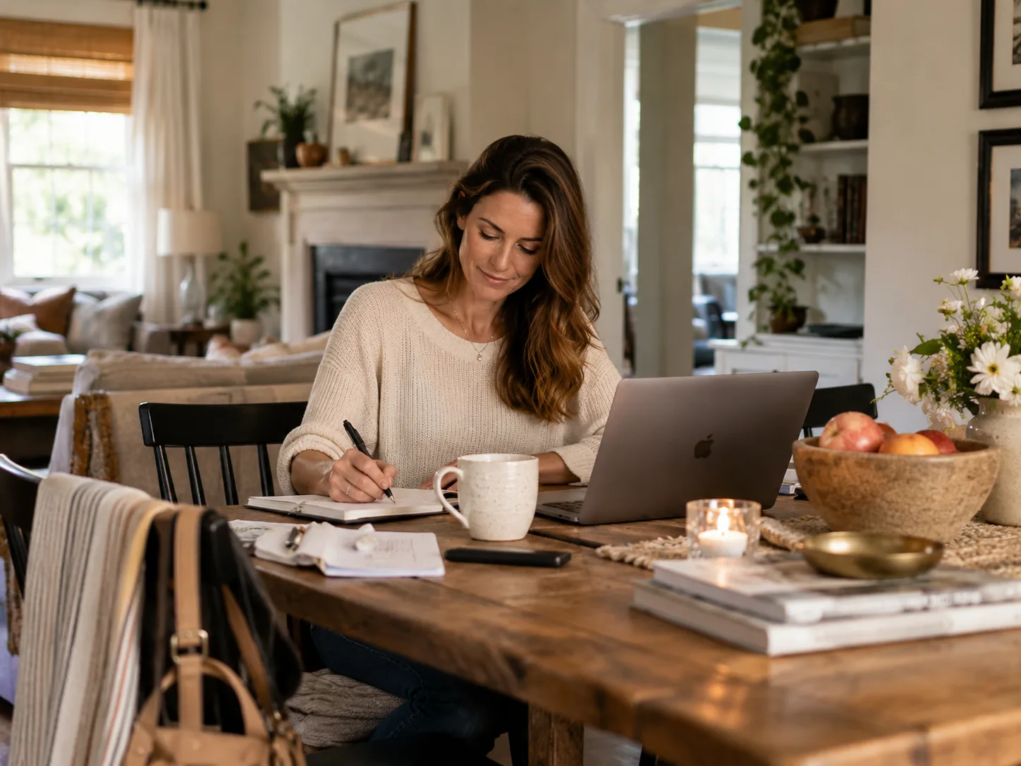 A woman working quietly at a kitchen table with a notebook, laptop and a cup of tea.
