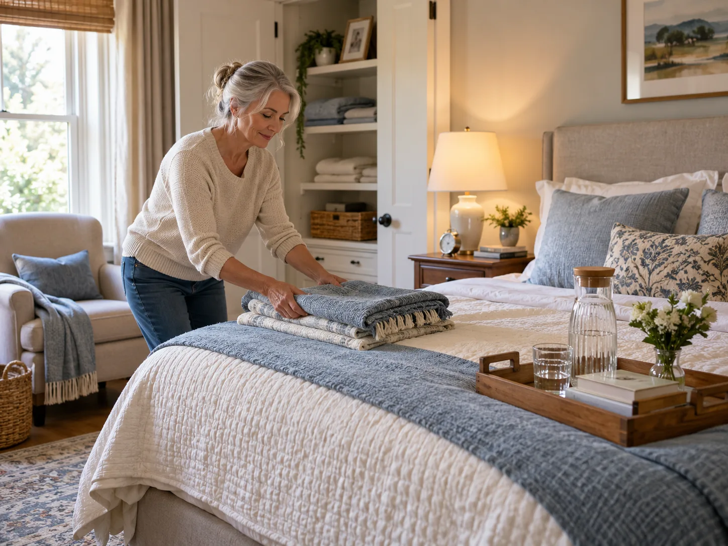 A woman folding blankets as she prepares a calm guest bedroom for a relative to stay.