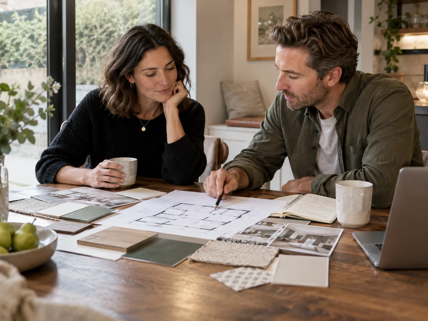 A couple looking over floor plans and material samples together at a wooden table.