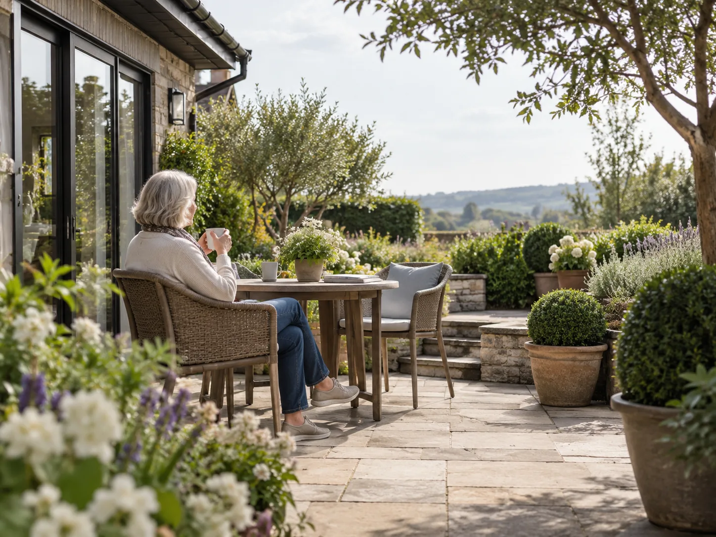 An older woman enjoying a cup of tea on a sunlit garden terrace among potted plants.