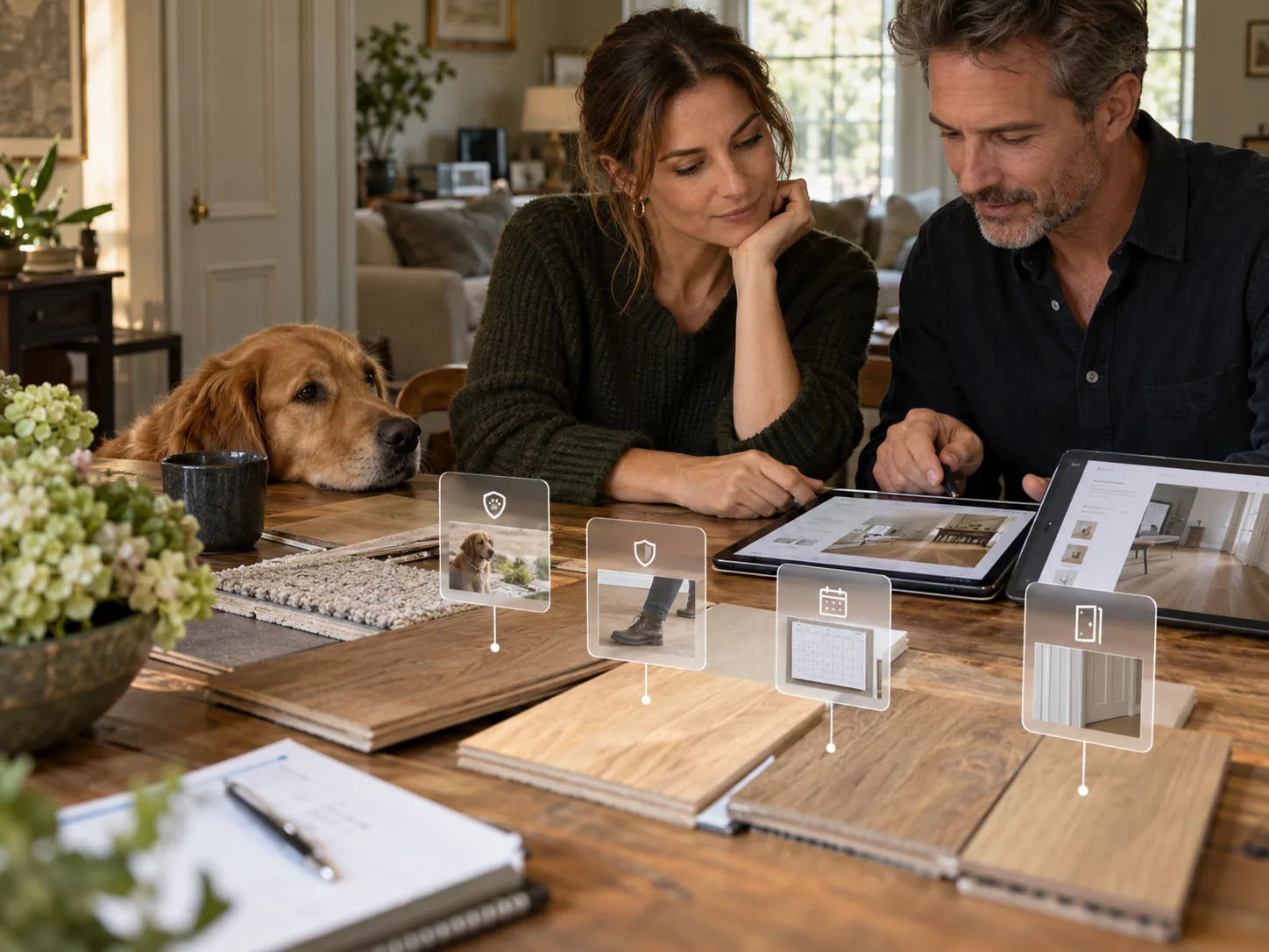A couple choosing between flooring samples at a kitchen table, their dog resting beside them.