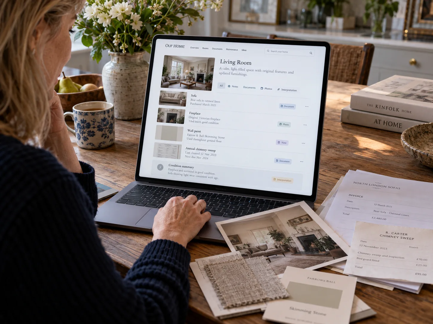 A woman reviewing a living room record on her laptop beside old photographs and paperwork.