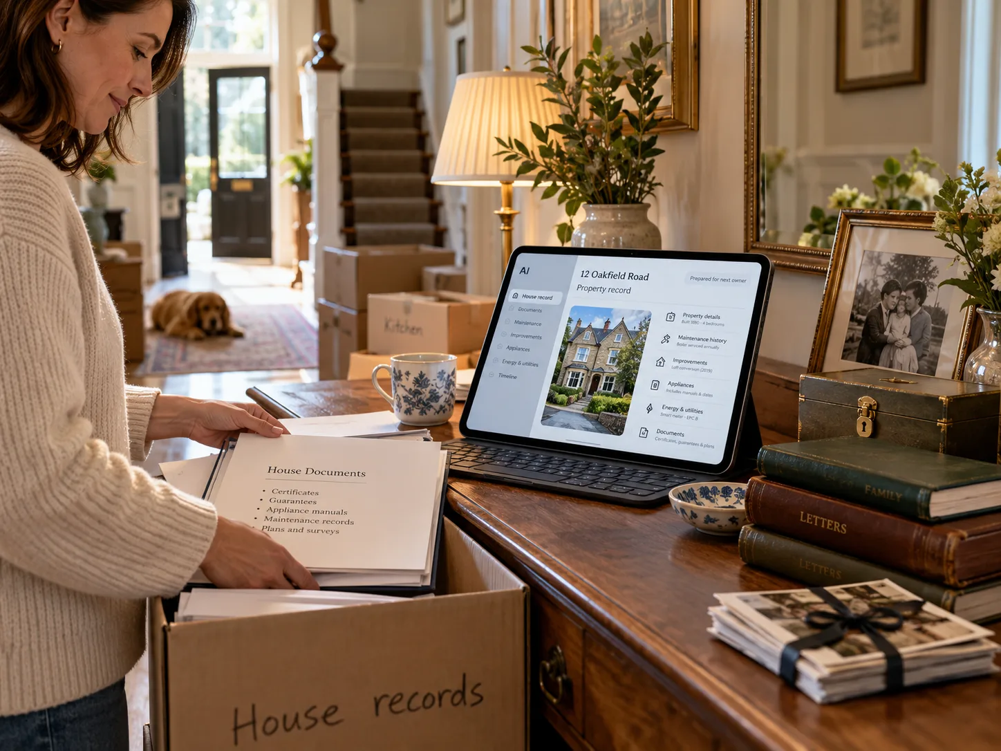 A woman packing a box labelled House records, with the property record open on a tablet.