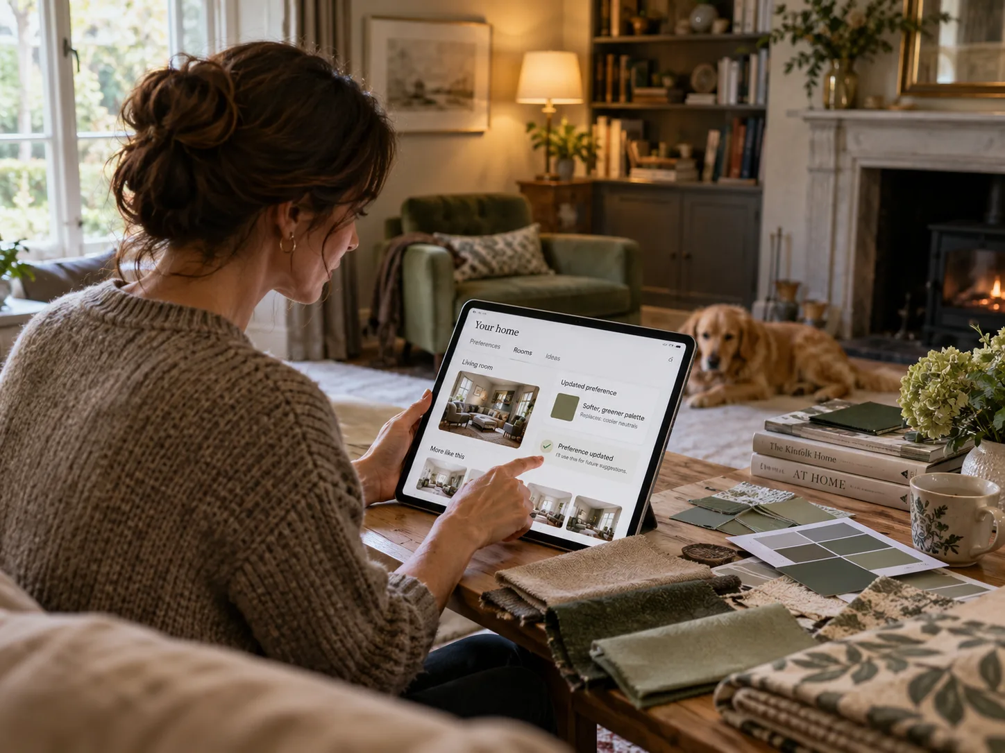A woman on the sofa updating her preferences on a tablet, fabric samples and the dog beside her.