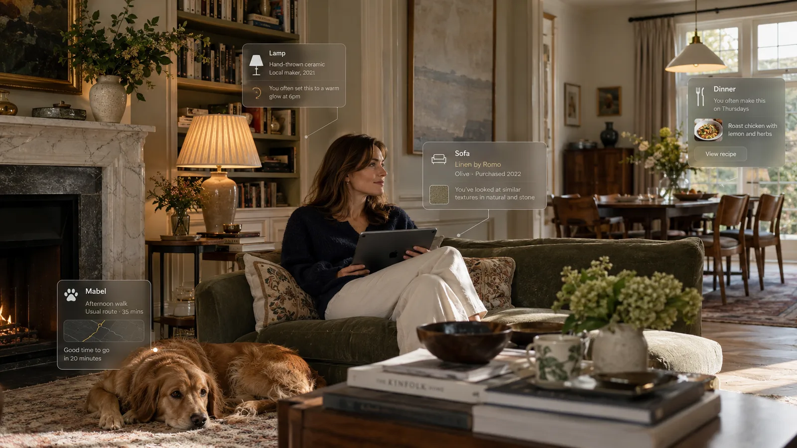 A woman relaxing by the fire with a tablet, notes about her home gathered quietly around her.