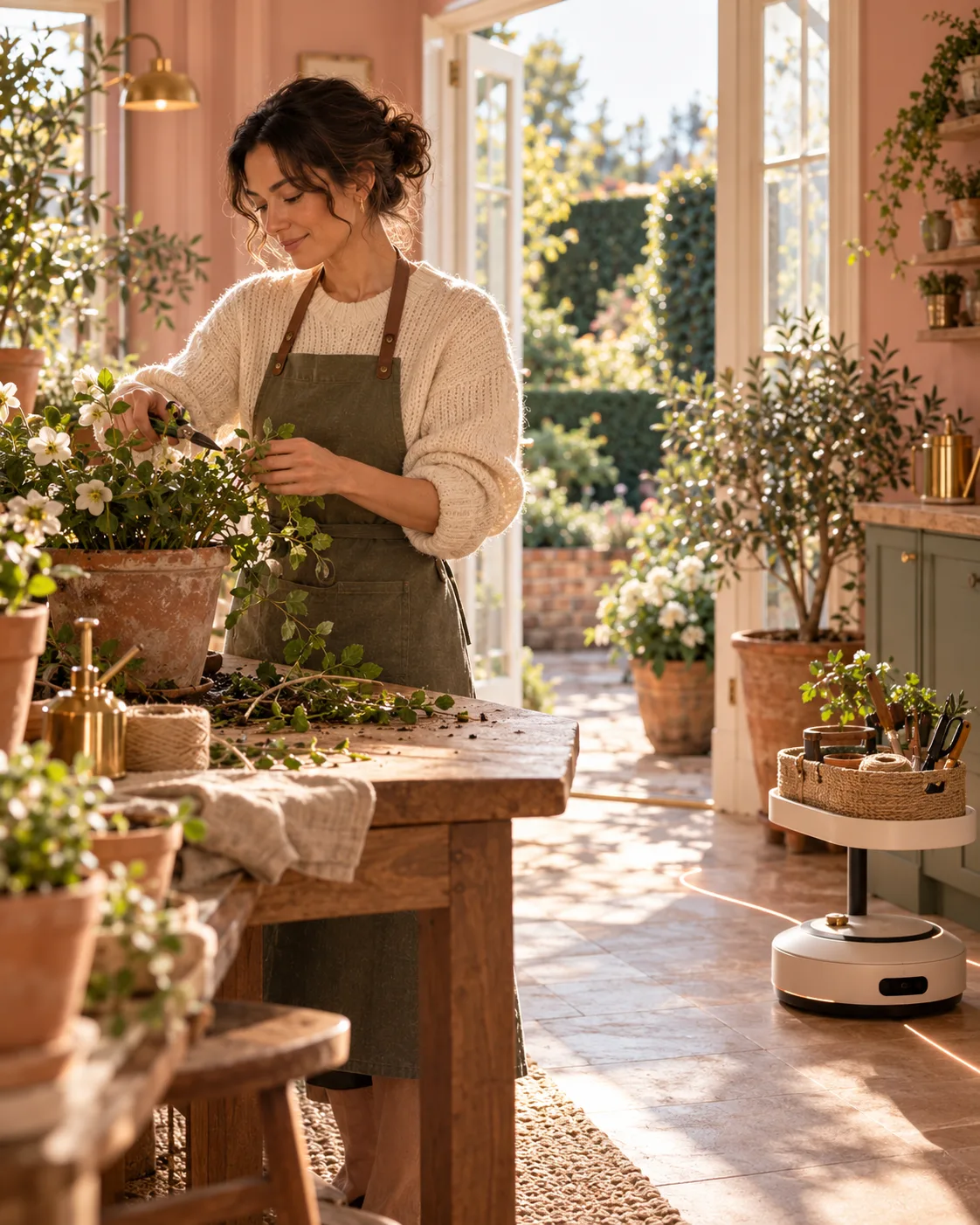 A woman potting plants at a table in a sunlit garden room, a small home robot waiting nearby.