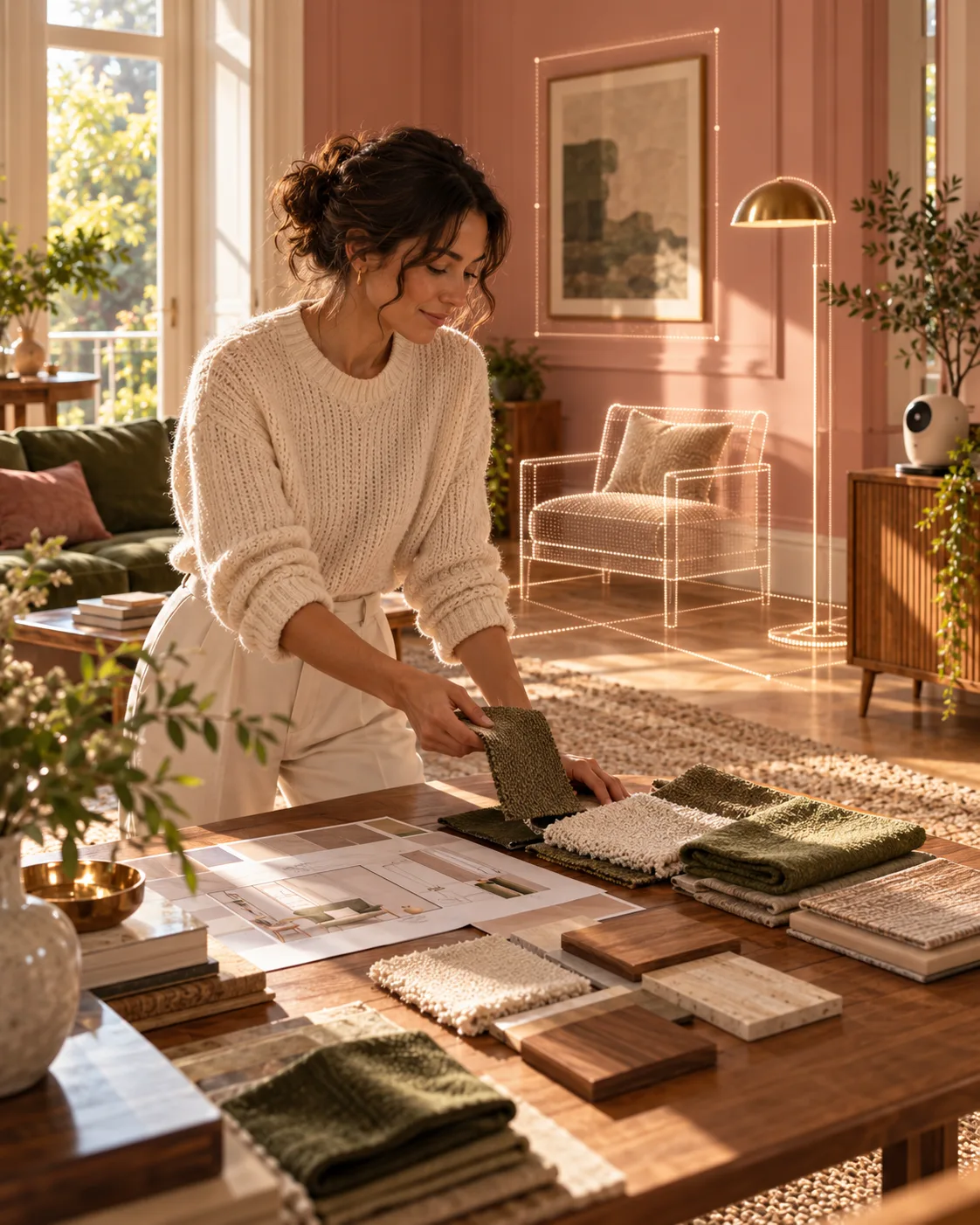 A woman choosing between fabric and material samples at a table, with a compact robot beside her.