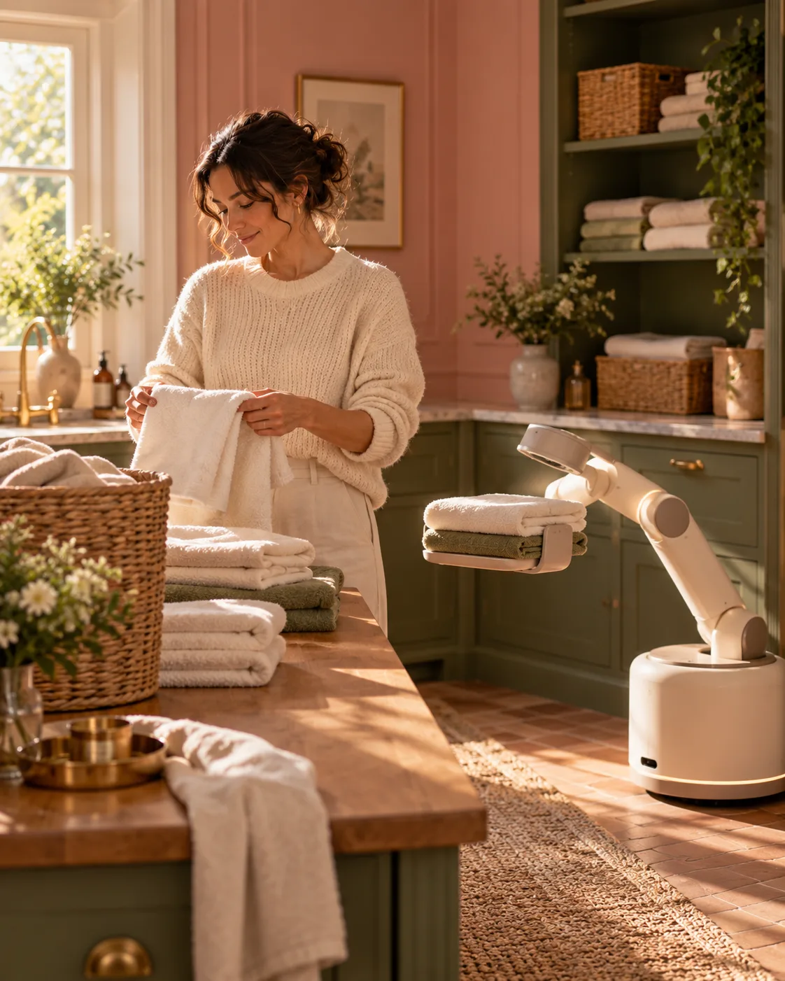 A woman folding laundry beside a robotic arm that sorts towels in a calm utility room.