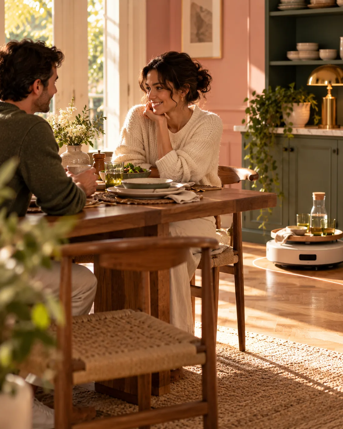 A couple talking at a table while a small robot helps in the room behind them.
