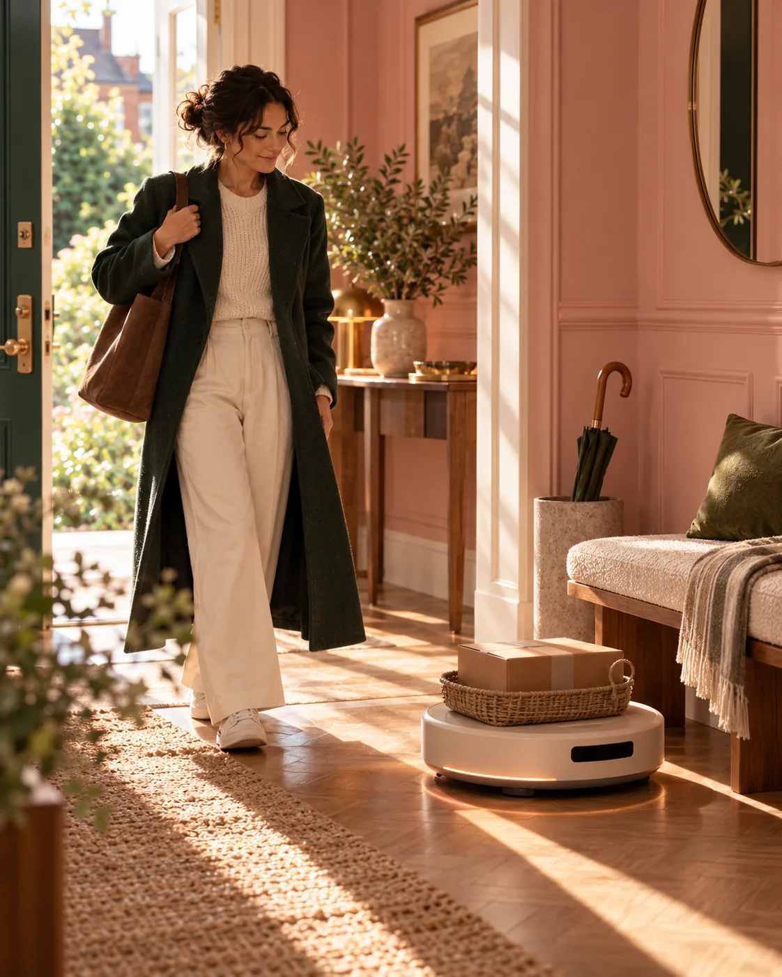 A woman heading out of the door while a home robot carries parcels quietly across the hallway.