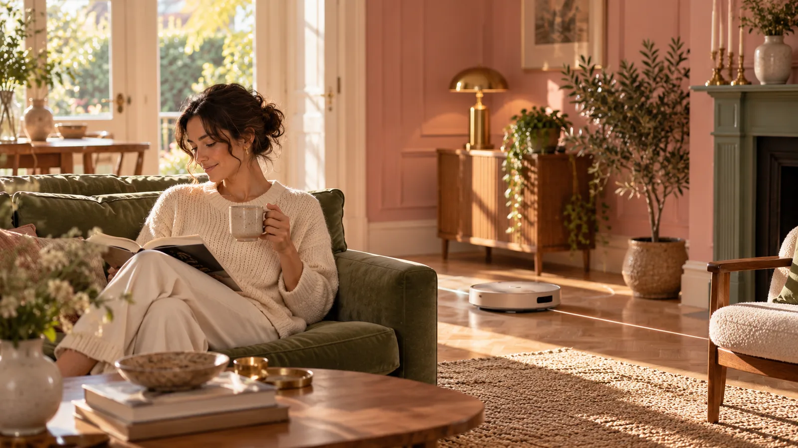A woman reading with a cup of tea on a green sofa in a rose-pink living room while a robot vacuum works quietly nearby.