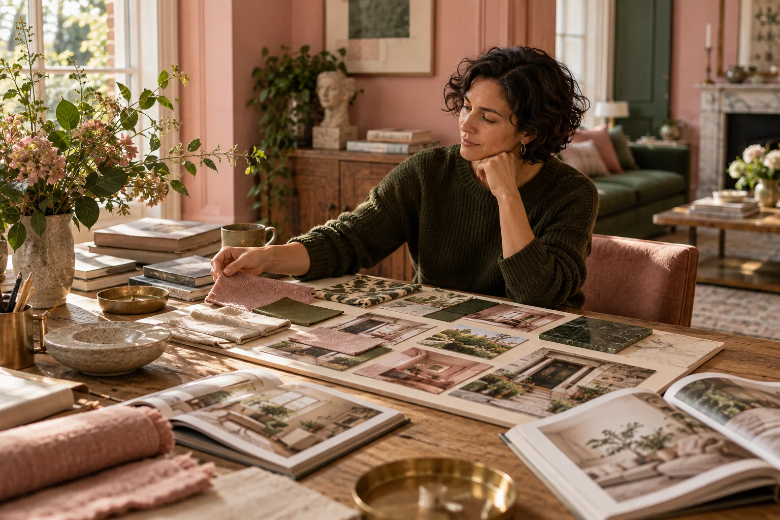 A woman exploring fabric swatches, prints and garden books spread across a table in a rose-pink room.