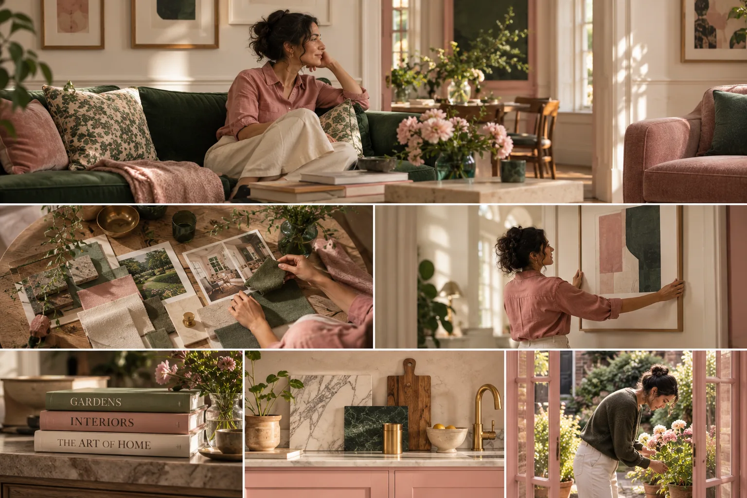 A collage of a woman trying different design directions: browsing images, pinning ideas to the wall and stacking books.