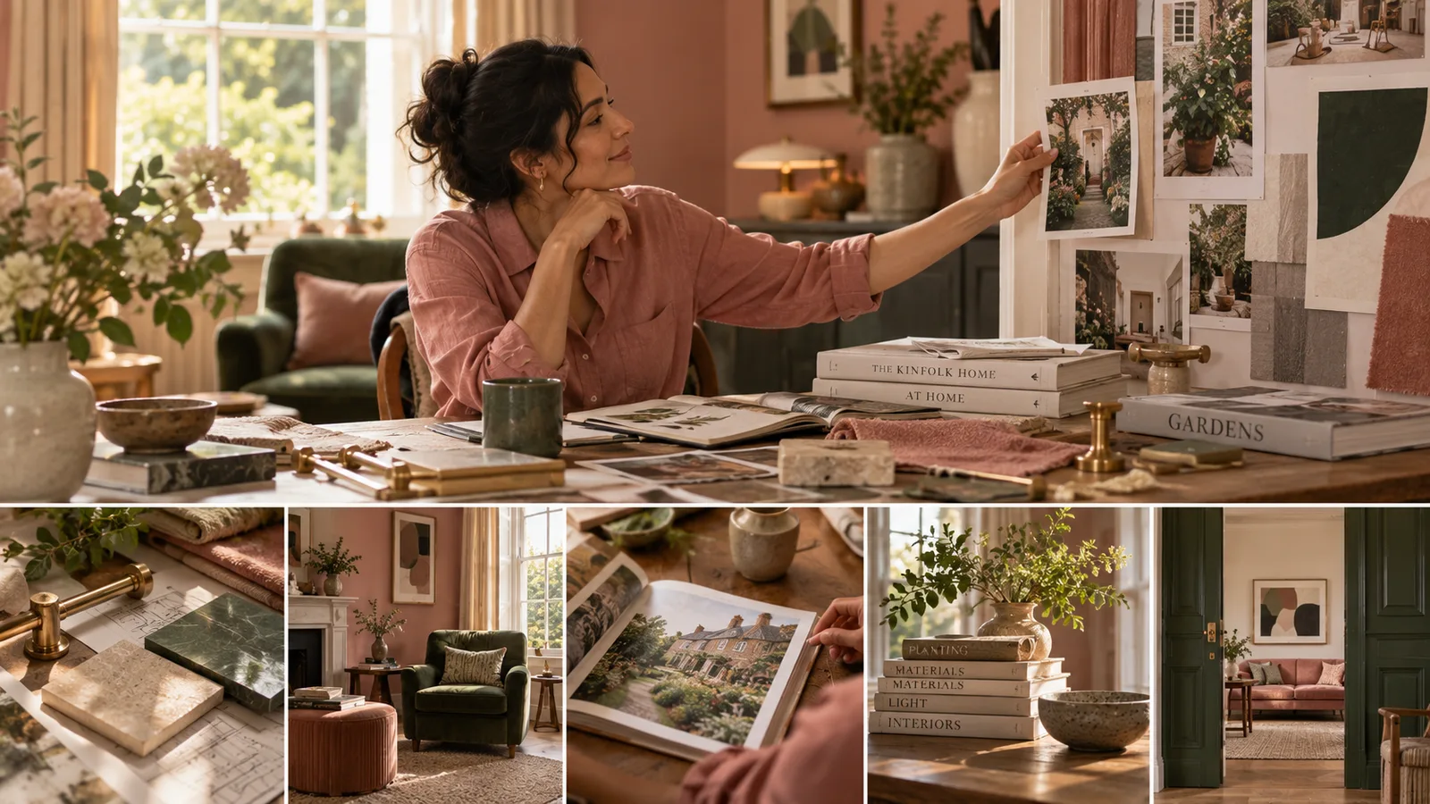 A collage of a woman building a mood board of colours, images and materials around her sitting room.