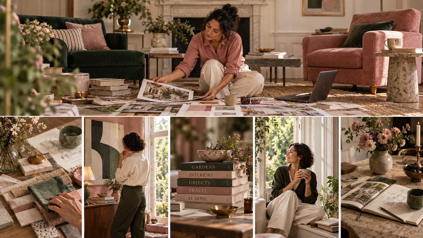 A collage of a woman laying out prints and samples on the floor, weighing options for her home.