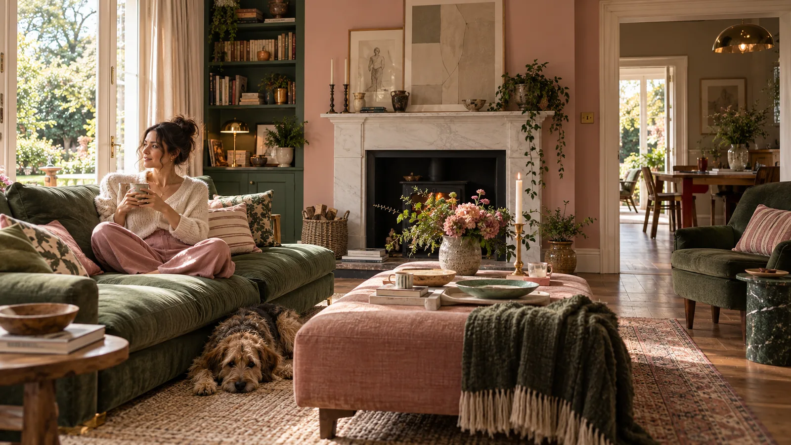 A woman relaxing on a green sofa in a rose-pink sitting room filled with books, flowers and favourite objects, her dog beside her.