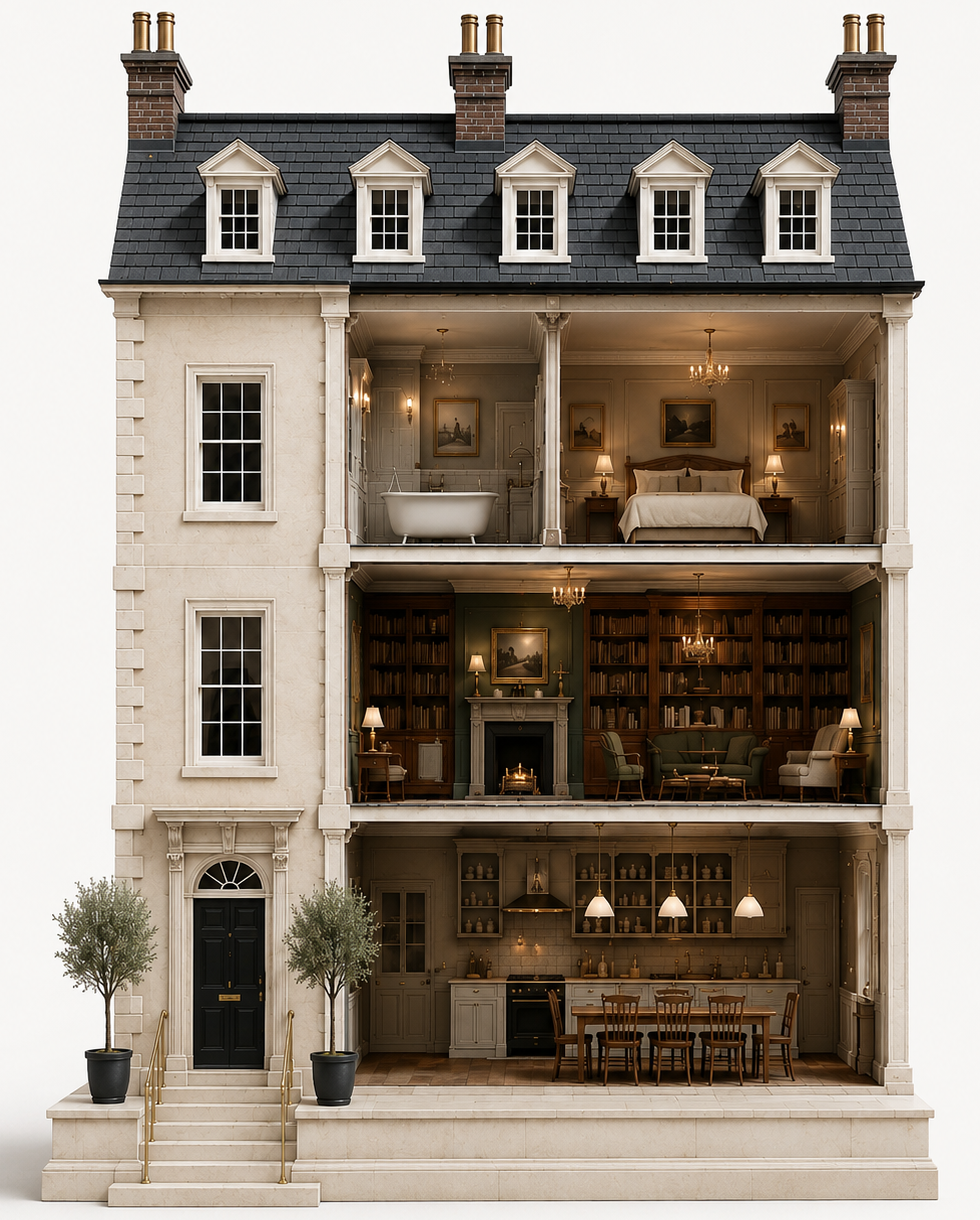 The photographed HoWA dolls house for 14 Elm Grove, shown as a cutaway with every room.