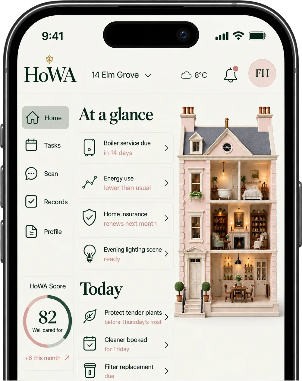 The HoWA app: a home's HoWA Score, record confidence and the next best action, ready at launch.