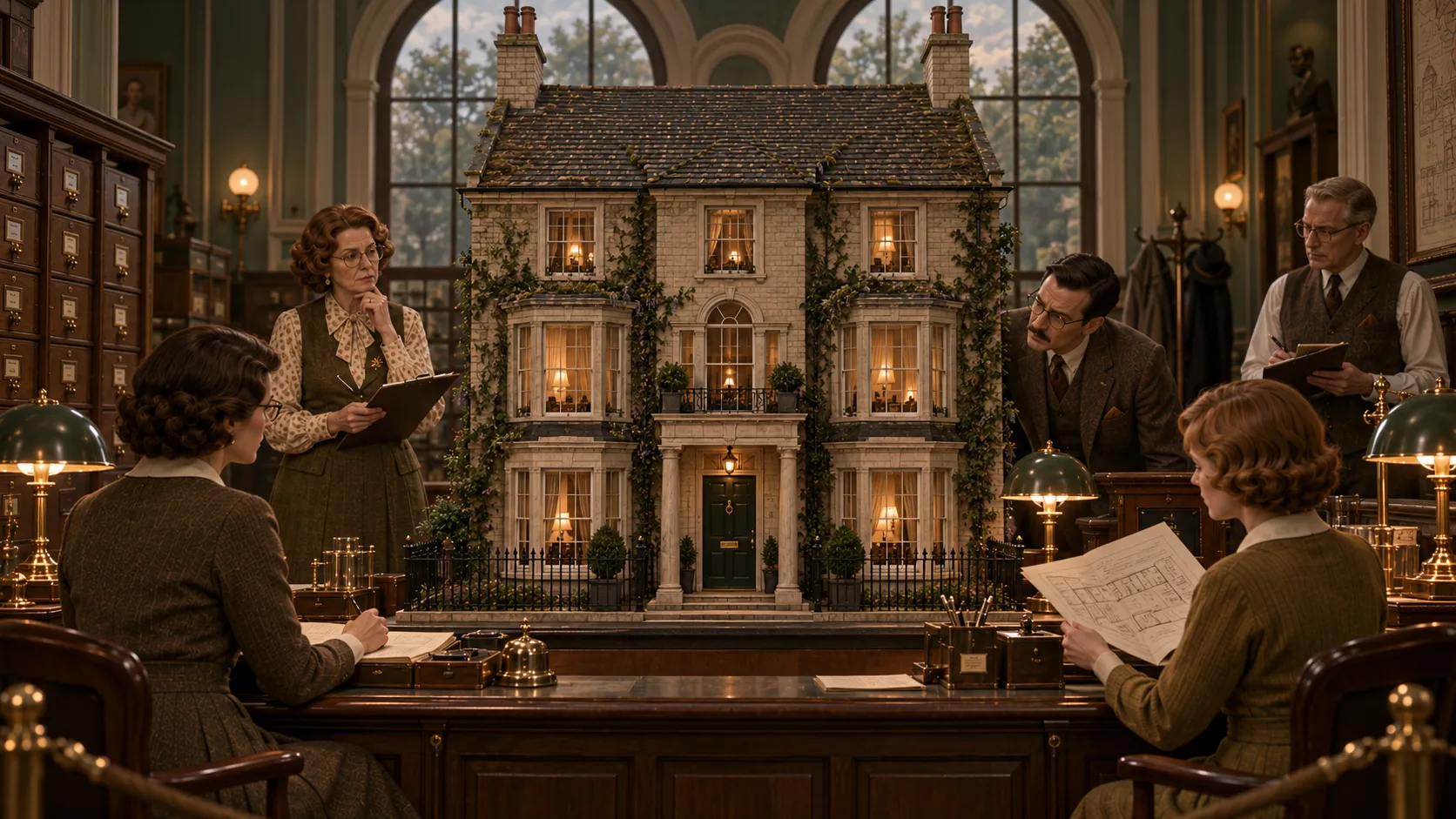 The House at Enquiries: a Bureau scene giving a home's details formal attention.
