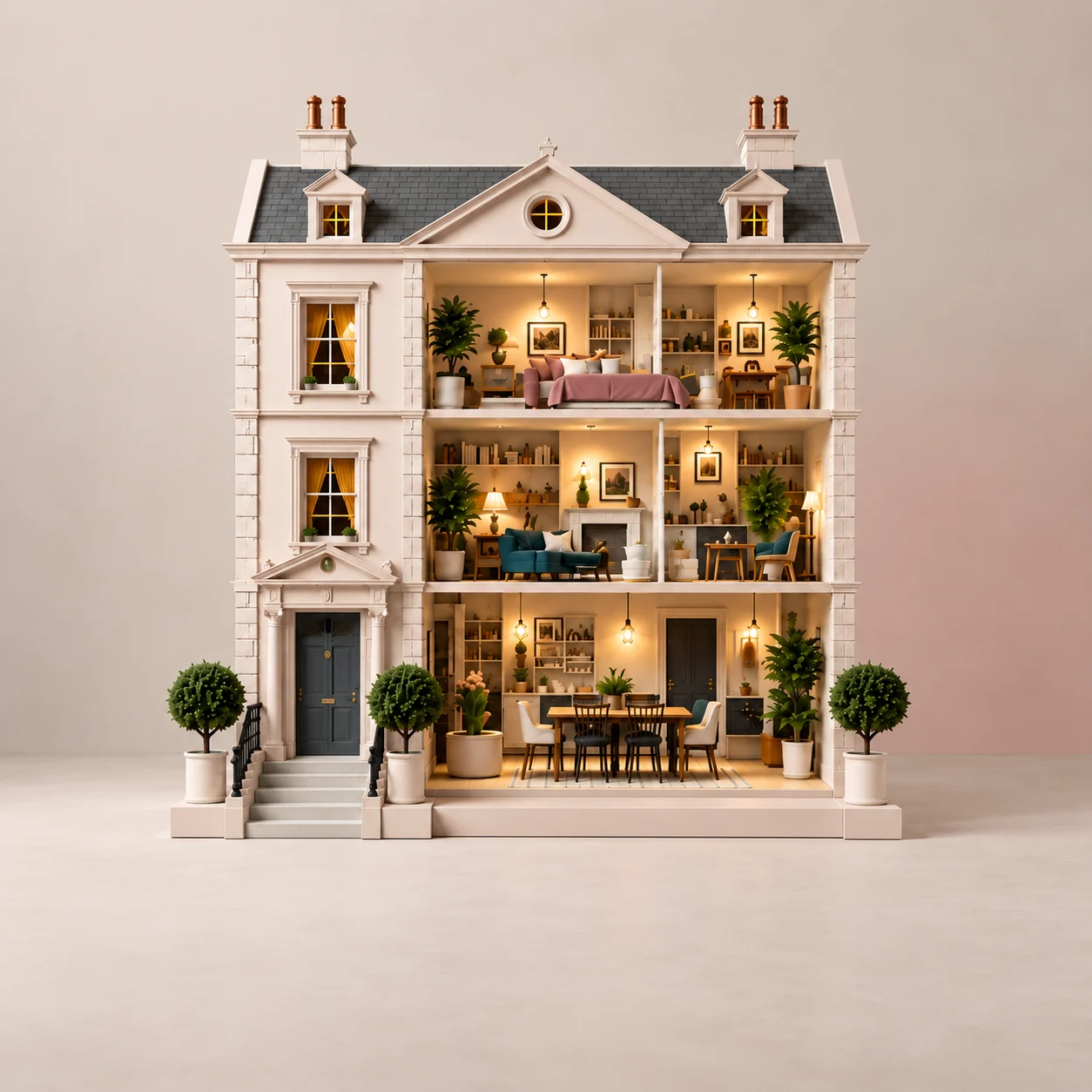 The HoWA house: a Georgian dolls house opened up to show every lit room, from the bedroom and sitting room to the dining room.