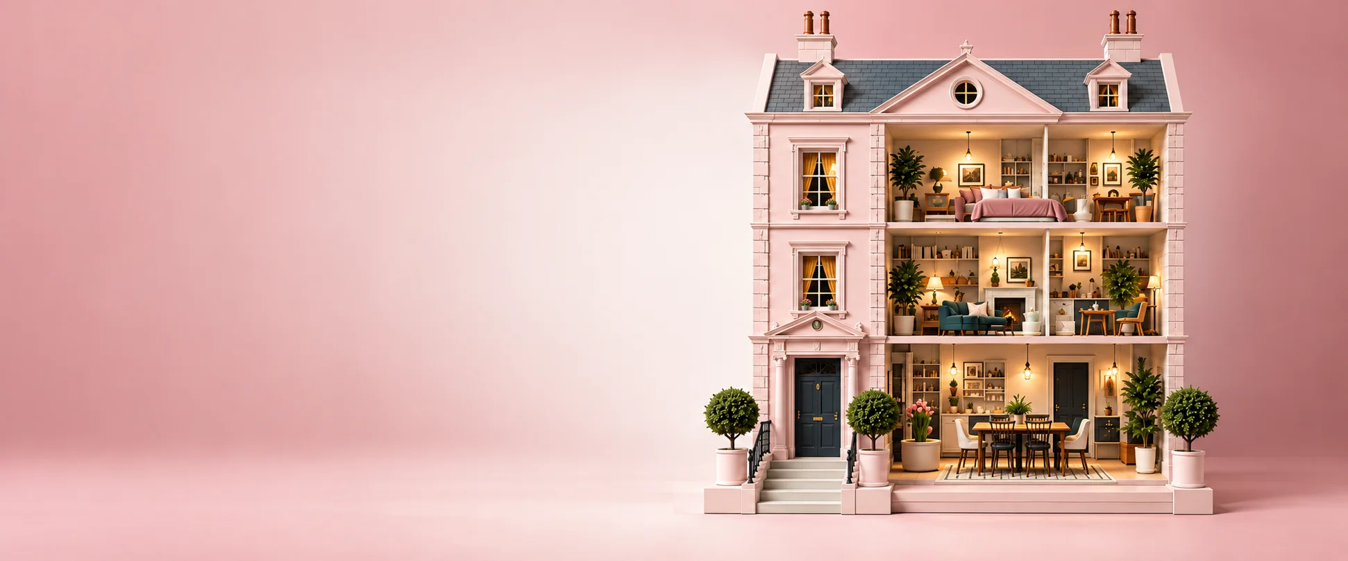 The HoWA pink Georgian cutaway house: bedrooms, a library and living room, kitchen and record rooms lit warmly, floor by floor.
