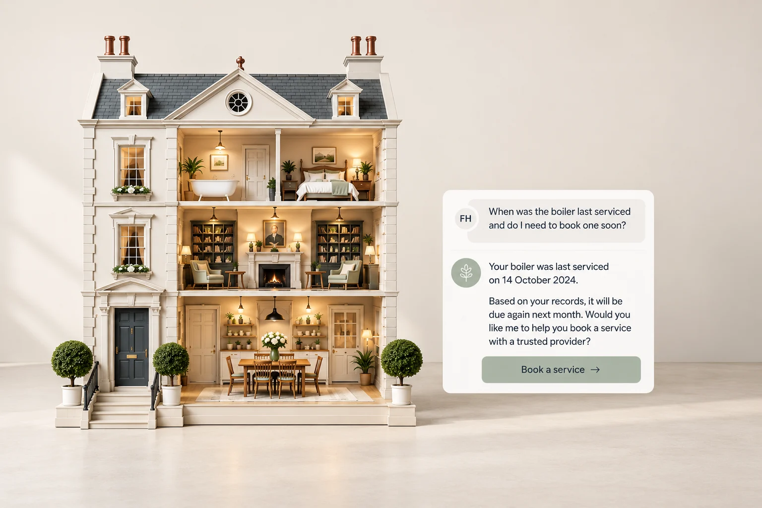 A dollhouse beside an Ask HoWA answer: 'When was the boiler last serviced and do I need to book one soon?' 'Your boiler was last serviced on 14 October 2024. Based on your records, it will be due again next month.'