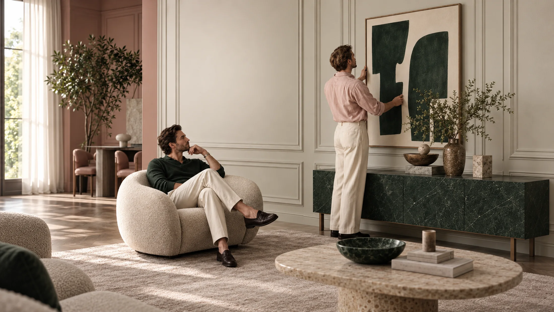 A calm, considered living room: one person settled in a chair while another hangs a piece of art, an ordinary decision made at home.