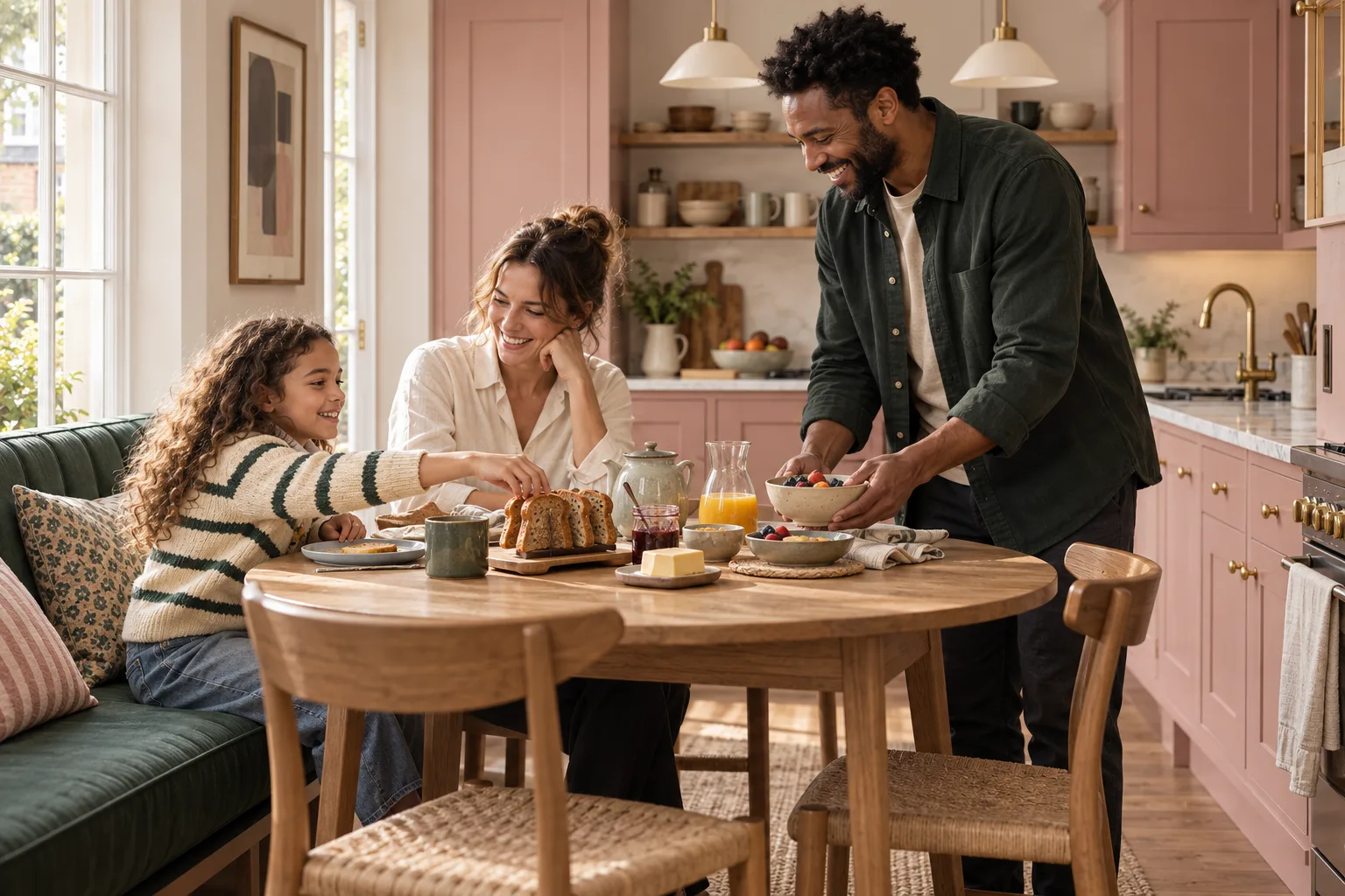 A family together at the kitchen table on an organised morning.