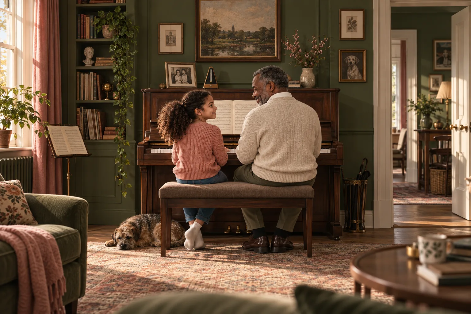 A grandfather and grandchild at the piano in a considered, cared-for room.