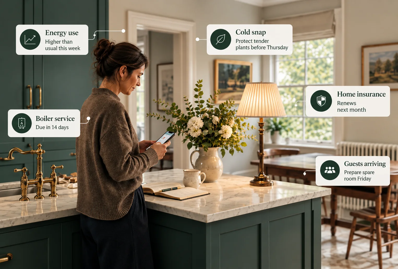 Everyday signals a home gives off, noticed in an ordinary kitchen: energy use higher than usual, a boiler service due, a cold snap to plan for, an insurance renewal and guests arriving.